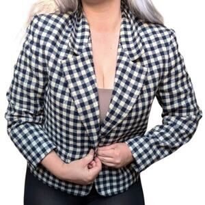 Vintage Jaeger Plaid Gingham Wool Blazer Structured Jacket Womens Medium Navy